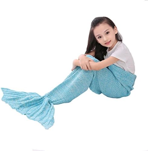 Feccoe 55.127.6" Polyester Knitted Mermaid Tail Blanket Handmade Crochet Children Bed Wrap Sleeping Bag Perfect for Sleepovers,Camping,Lounging,Long Car Trips (Light blue)