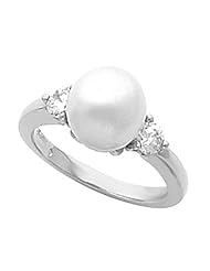 18K White Gold Akoya Cultured White Pearl and Diamond Ring - 8.00mm -- LIFETIME WARRANTY