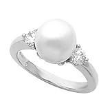 14K White Gold Akoya Cultured White Pearl and Diamond Ring - 8.00mm