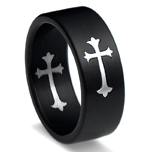 Cheap 8MM Men's Titanium Ring Wedding Band Black Plated and Silver color Cross