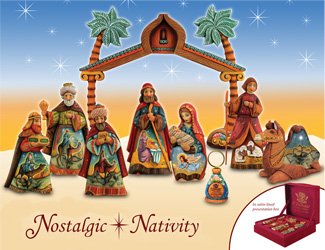 Nostalgic Nativity Set of 8, Includes Joseph, Mary with Baby Jesus, Three Kings, Shepherd Boy, Camel and Mini Magnifying Glass in satin-lined presentation box