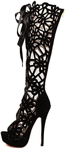 Bumud Women Knee High Open Toe Lace Up Caged Gladiator Heel Sandal - Black (9 B(M) US)