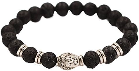 Liuanan Lava Rock Natural Stone Buddha Head Beaded Cuff Bracelet (Silver Buddha)