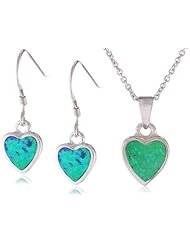 Sterling Silver Created-Blue Opal Inlay Heart Drop Pendant Necklace and Earrings Set