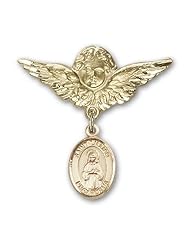 14K Gold Baby Badge with St. Lillian Charm and Angel with Wings Badge Pin