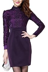 Lace Long Sleeves Nylon/Polyester Shift Turtleneck Midi Dress 