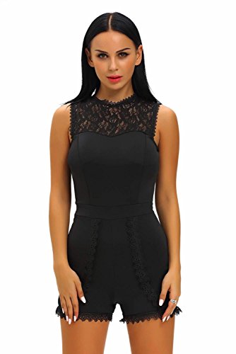 Roswear Women's Sleeveless Round Neck Back Zipper Lace Patchwork Romper