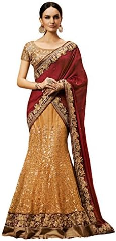 Almeercreation Dazzling Chiffon &amp; Net Lehenga Saree Customize Upto Bust Size 40 Maroon &amp; Beige