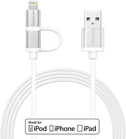 Abusun® 2 PACK 2 in 1 MFI lightning Cable 3.3ft 8 Pin 2.4A High Speed Data Sync &amp; USB Cable w/ Aluminum Connector for iPhone, iPad, iPod, Samsung, HTC, Sony, Android Devices (Silver)