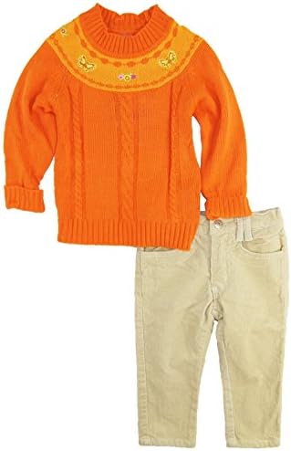Titicos Babies Baby Girls Butterfly Cable Cardigan Sweater 2Pc Pant Set, Orange, 18-24 Months