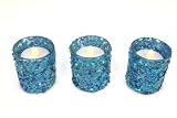 3-pc Blue Ice Sparkling Confetti Tealight Votive Holders with Battery Operated Flickering Tealights