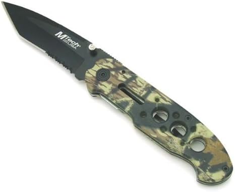 M Tech Camo Blade: Black Ti-treated 440 Stainless Steel , Jungle Camo Closed Length: 5", Blade Length 3-1/2" Aluminum Handles, Metal Clip on Back
