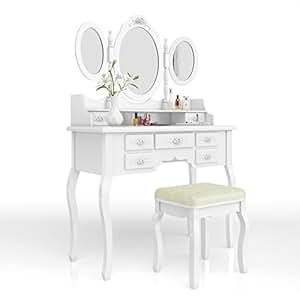 Toeletta Con Specchio E 5 Cassetti PREMTURE - Mobile Trucco Bianco Con Sgabello, 80x40x135 Cm, In MDF Per Camera Da Letto - Foto 3