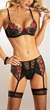  : Escante Women's Holiday Rose Garden Bra, G-String and Garter Belt Set