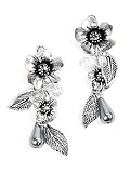 Antique Silvertone and Clear Crystal Flower with Grey Pearl Accent Dangle Earrings Fashion Jewelry
