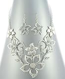 Unique Fashion Leader Large Antique Silver Outline Many-Flower Necklace and Earrings Set Silver Tone with Ice Crystals