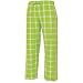 Lime Green and White tartan plaid check tie cord flannel cotton pants for lounging, sleep, sports. Unisex relaxed fit, available in 3 Youth sizes