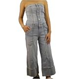 Women's Baby Phat light denim jumpsuit halter dress. 100% authentic urban brand name strapless tube top plus jeans set featuring front button closure top slight distress light denim. Unique jumpsuit with 4 pockets and logo embroidered on the back pocket. Great designer denim presented by KLS Kimora Lee Simmons.