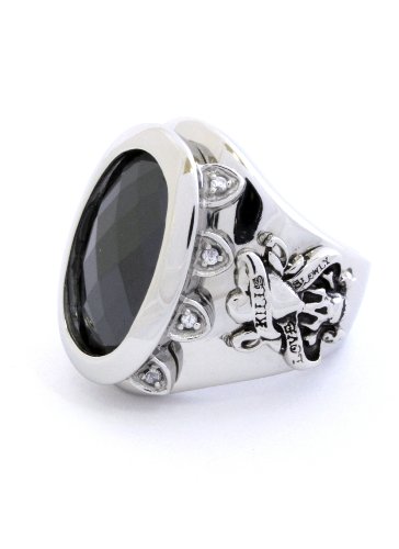 Ed Hardy By Christian Audigier: 'Love Kills Slowly' Skull Ring with Black CZ Center and Clear CZ Accents in Stainless Steel