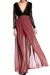 V-neck Two-Toned Colorblocking Lace Polyester/Spandex Midi Dress 
