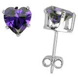 Sterling Silver 6 mm Heart Shape Amethyst colored Cubic Zirconia Stud Earring