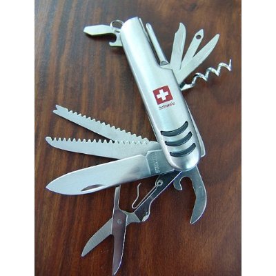 Taschenmesser mit 11 Funktionen + Ledertasche, Offiziersmesser aus rostfreiem Edelstahl (PLUS Echt-Leder-Tasche gratis)
