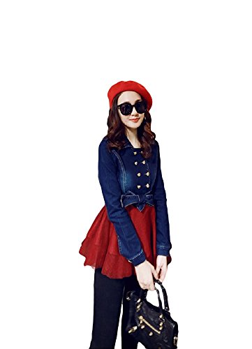 レディース カジュアル ワンピース 春物 チュニック 長袖 デニム フレア レース ミニスカート 旅行 美脚 切り替えスカート かわいいスカーフ付き AT0081