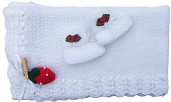 Handmade Baby Blanket with baby newborn booties - Snow with Strawberry Keepsake