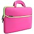 Evecase 13.3-14 inch Slim Portable Neoprene Carrying Laptop Sleeve Case Bag w/ Handles and Accessory Pocket (Hot Pink with Green Trim)