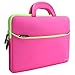 Evecase 13.3-14 inch Slim Portable Neoprene Carrying Laptop Sleeve Case Bag w/ Handles and Accessory Pocket (Hot Pink with Green Trim)