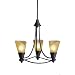 This three light chandelier features umber glass and hand-formed cone shades. Has an olde iron 
finish and dimpled shade holders. By Kichler. Uses three 60 watt bulbs (not included). Measures 18 
1/2" wide, 17 1/2" high.
