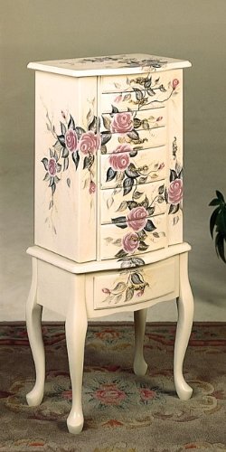 White Finish Wood w/Hand Painted Roses Floral Jewelry Armoire