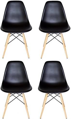 Set of 4 Eames Style DSW Molded Black Plastic Shell Chair with Wood Eiffel Legs