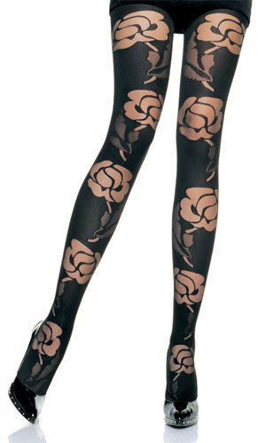 Black Opaque Pantyhose With Sheer Rose Pattern