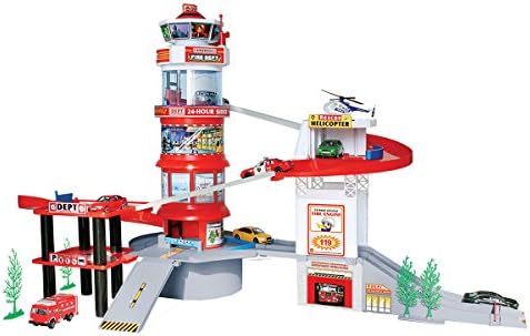 World of Wheels 3-Tier Emergency Rescue Fire Station with Helicopter Pad, Intelligence Tower and Car Elevator, Red