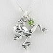 Three Dimensional Climbing Tree Frog Pendant in Sterling Silver with Peridot Bead on a 16" Box Chain, #8505
