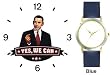 Barack Obama Picture - Yes We Can - President Barack Obama Commemorative - WATCHBUDDY&reg; DELUXE TWO-TONE THEME WATCH - Arabic Numbers - Blue Leather Strap-Size-Children's Size-Small ( Boy's Size & Girl's Size )