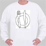 Sweatshirt with black and white, saucer, hotel, sign, Europe, fork, Germany, knife, food