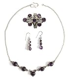 Silver Set Earring and Necklace with Amethyst Gemstones Handmade Indian Jewelry(gnklcs235)