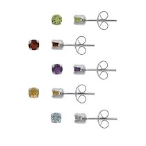 Sterling Silver 3mm Round Amethyst, Citrine, Peridot, Garnet, and Blue Topaz Stud Earring Set