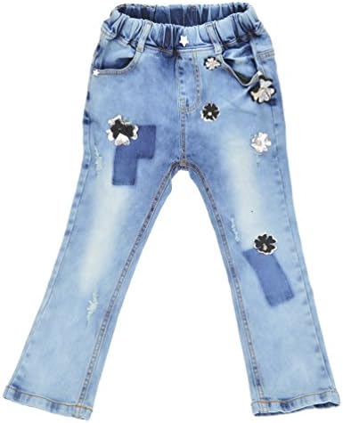 DOKI Little Girls' Cotton/Spandex Flower Appliques Jeans 6X Blue