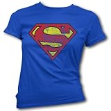 HotScamp Premium Distressed Effect Superman Supergirl Womens Girls T-Shirt Top in Blue