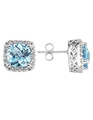 Cushion Cut Blue Topaz and Diamond Earrings 14K White Gold