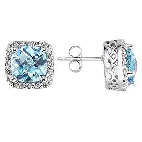 Cushion Cut Blue Topaz and Diamond Earrings 14K White Gold by Blue-Topaz Jewelry