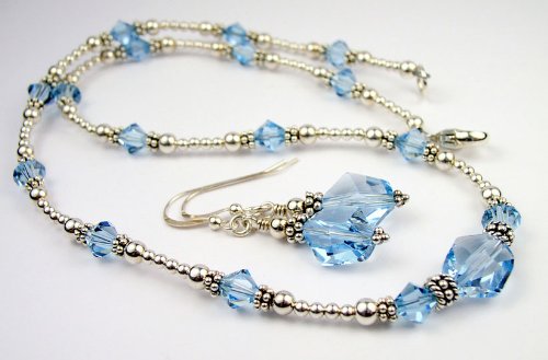 Aquamarine March Birthstone Sterling Silver Swarovski Crystal Handmade Beaded Necklace and Earring 2 Piece SET