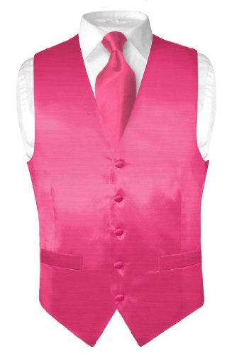 Superior Biagio Men's Solid Hot Pink Fuchsia BAMBOO SILK Dress Vest NeckTie Set for Suit or Tuxedo