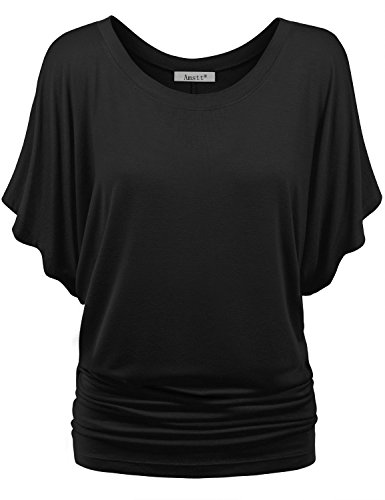 Amstt Womens Pure Color Short Sleeve Boat Neck Dolman Drape Tunics Top