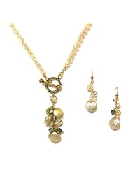 Pearlstone 14K Gold Filled Toggle Front Necklace and Matching Earrings with Freshwater Champagne Pearls