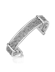 Sterling Silver Braided Wheat Chain Cuff with Bar Motifs and Rhodium Plating