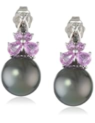 10k White Gold Pink Sapphire, Tahitian Cultured Pearl and Diamond Earrings (0.02 cttw, Black, Color, I2-I3 Clarity)
